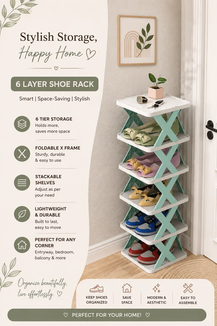 6-Tier Foldable Shoe Rack – Space-Saving Organizer